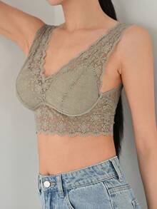 DAZY Áo ngực & Áo lót Nữ Tương phản ren Sò điệp màu trơn Lãng mạn-Lãng mạn - màu xanh lá - Xem 8