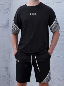 Manfinity EMRG Men Letter Graphic Tee & Drawstring Waist Shorts - Black - View 3