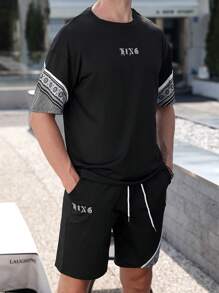 Manfinity EMRG Men Letter Graphic Tee & Drawstring Waist Shorts - Black - View 6