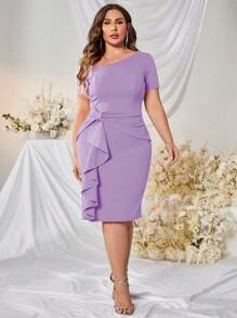 MUXXN Vestido ribete con fruncido con fruncido delantero - Lila Púrpura - Ver 1