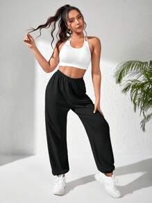 SHEIN Daily&Casual 素色彈性腰帶運動褲