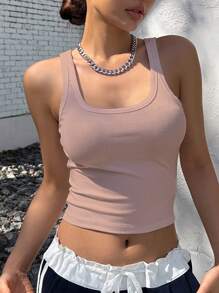 DAZY Chất rắn Crop Tank Top - Bụi hồng - Xem 3