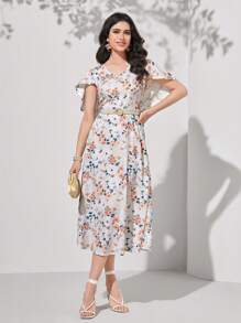 Mulvari 印花斗篷袖連衣裙不附腰帶 - 彩色 - 查看 2