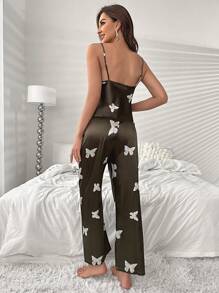 蝴蝶圖案垂領緞面睡衣套裝 - 軍綠色 - 查看 2