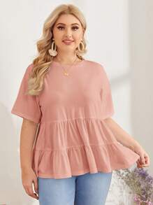 SHEIN LUNE 大碼素色荷葉邊T恤 - 淺粉色 - 查看 3