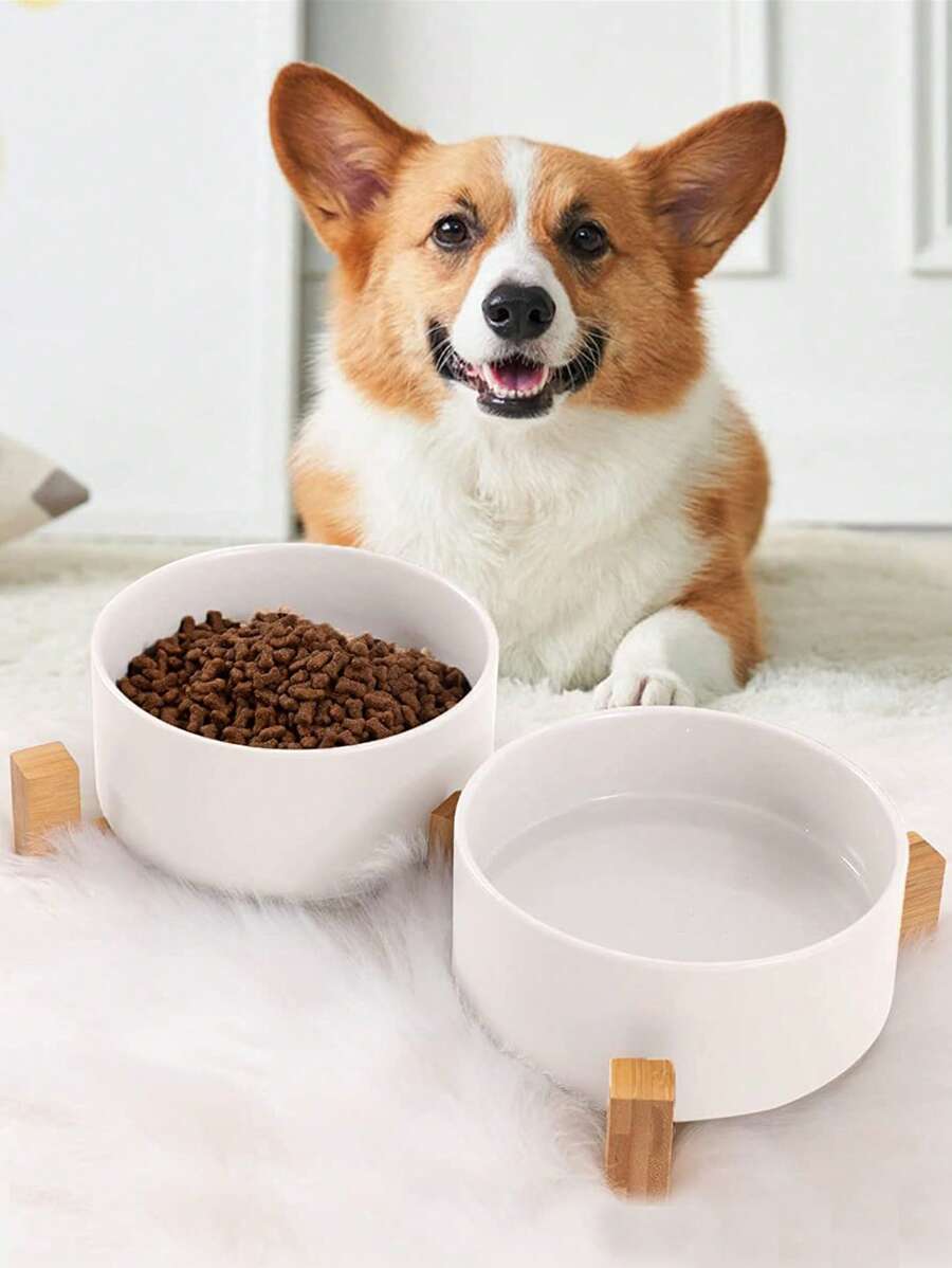 (13cm Single Bowl/Double Bowls, 15.3cm Single Bowl/Double Bowls) 1pc Cat/Dog Lover Gift And Dog/Cat Mom Love Pet Feeder With Wooden Frame Ceramic Single/Double Bowl, Suitable For Home Use For Cat Lover And Cat Mom Loves And Dog Lover And Dog Mom Loves (Multiple Sizes Available) - White - View 1