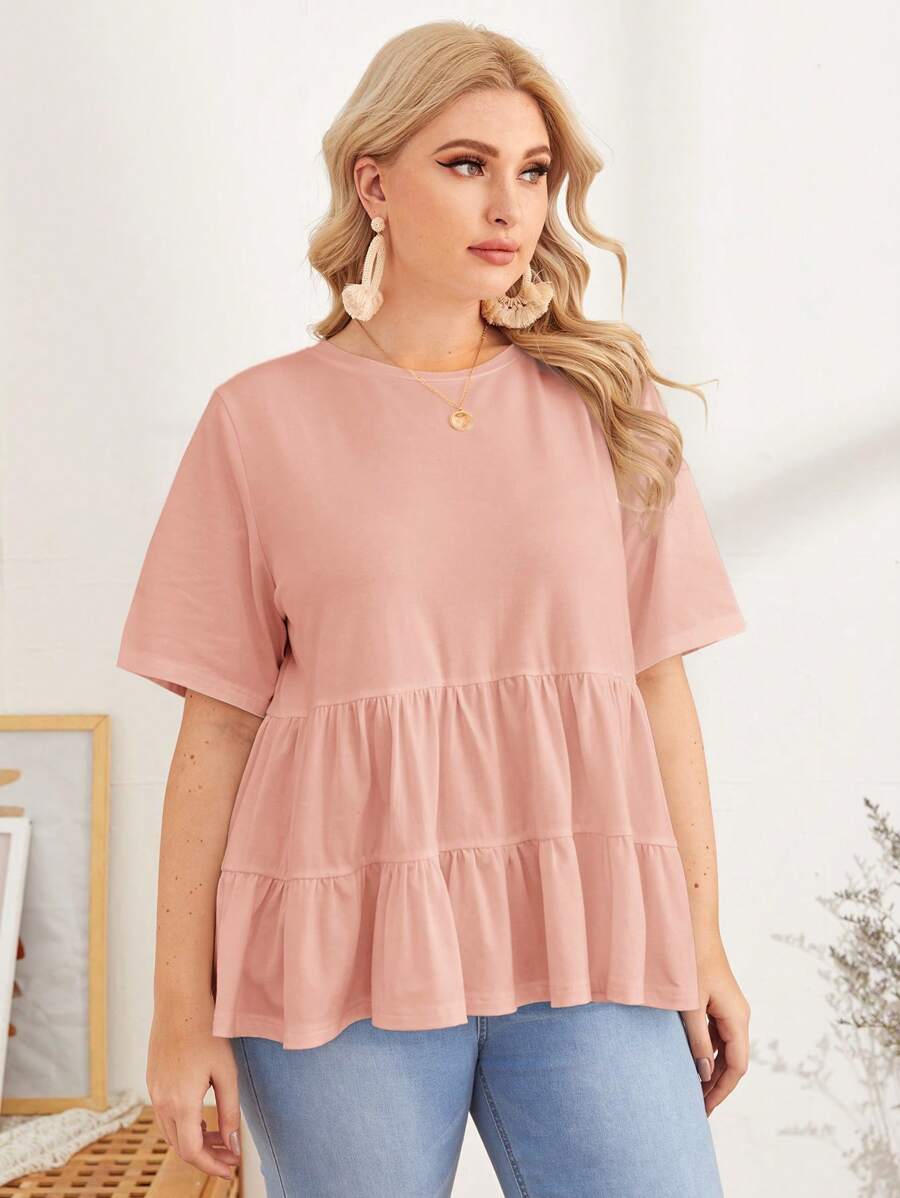 SHEIN LUNE 大碼素色荷葉邊T恤 - 淺粉色 - 查看 1