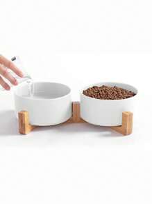 (13cm Single Bowl/Double Bowls, 15.3cm Single Bowl/Double Bowls) 1pc Cat/Dog Lover Gift And Dog/Cat Mom Love Pet Feeder With Wooden Frame Ceramic Single/Double Bowl, Suitable For Home Use For Cat Lover And Cat Mom Loves And Dog Lover And Dog Mom Loves (Multiple Sizes Available) - White - View 2