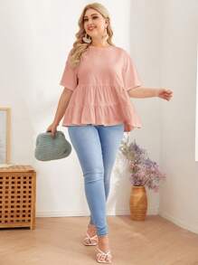 SHEIN LUNE 大碼素色荷葉邊T恤 - 淺粉色 - 查看 5