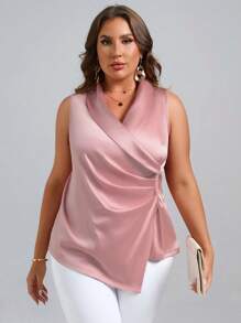 SHEIN Clasi Blusa de cuello esmoquin fruncido lateral bajo asimétrico de satén - Rosa Pálido - Ver 1