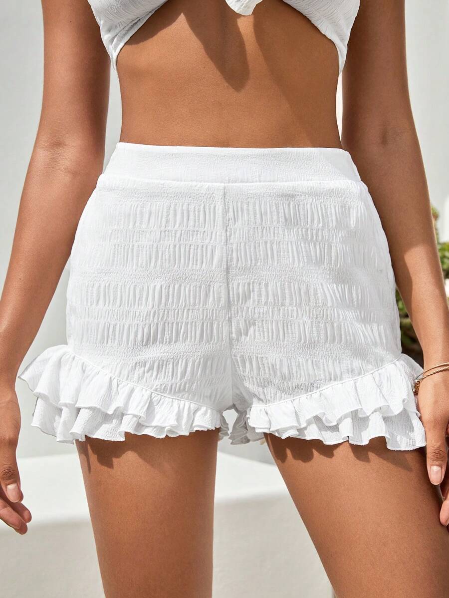 Soleia Ruffle Hem Solid Shorts - White - View 1