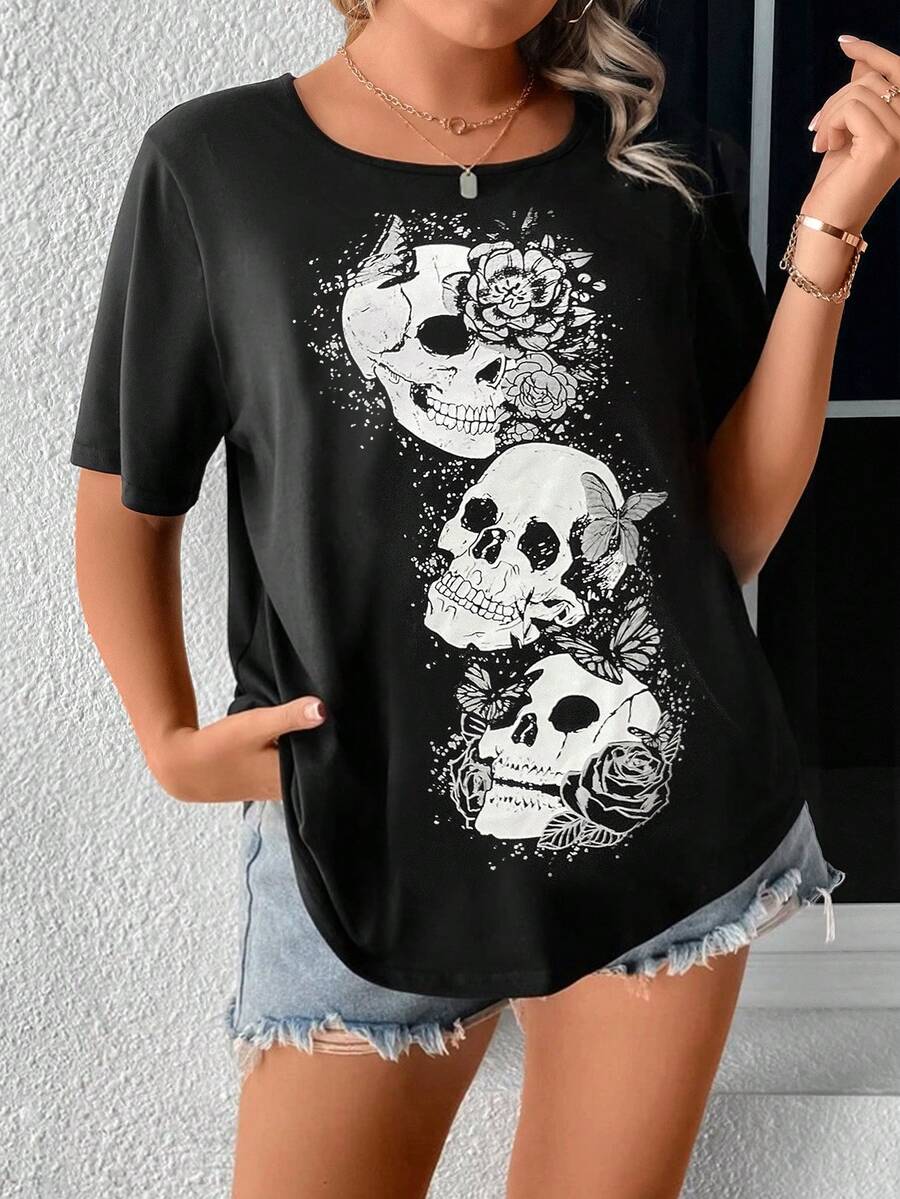 SHEIN LUNE Áo thun Plus size Lễ Các Thánh Loại bướm Giải trí - màu đen - Xem 1