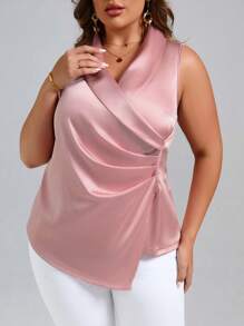 SHEIN Clasi Blusa de cuello esmoquin fruncido lateral bajo asimétrico de satén - Rosa Pálido - Ver 3