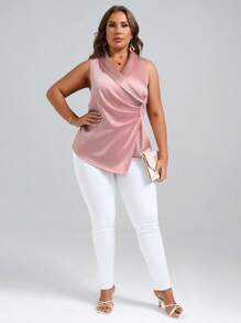 SHEIN Clasi Blusa de cuello esmoquin fruncido lateral bajo asimétrico de satén - Rosa Pálido - Ver 4