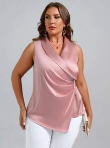 SHEIN Clasi Blusa de cuello esmoquin fruncido lateral bajo asimétrico de satén - Rosa Pálido - Ver 5