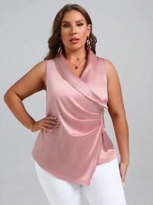 SHEIN Clasi Blusa de cuello esmoquin fruncido lateral bajo asimétrico de satén - Rosa Pálido - Ver 6