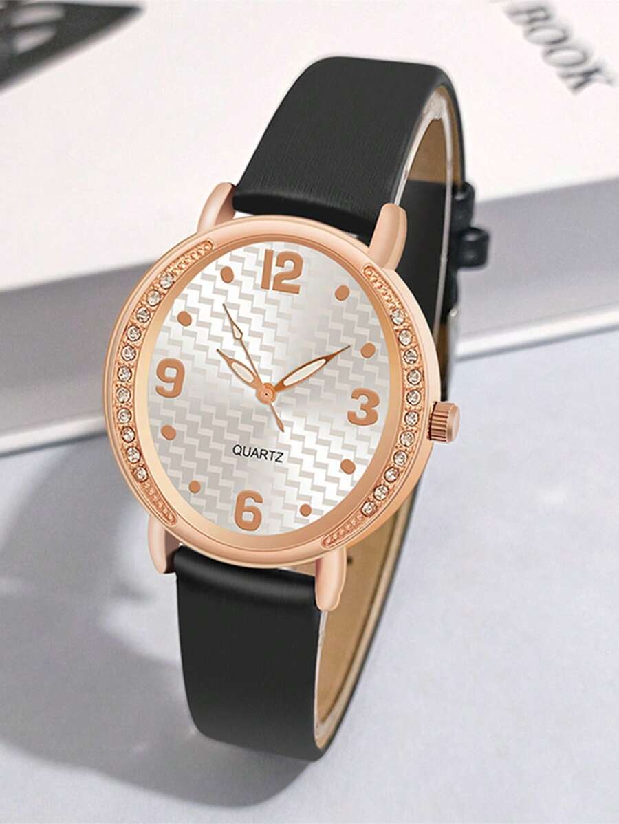 水鑽裝飾圓形指針石英手錶 - 黑色 - 查看 1
