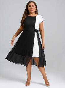 SHEIN Clasi Đầm Plus Size Nút Tương phản Mesh Chia Khối Màu Giải trí - Đen và trắng - Xem 1