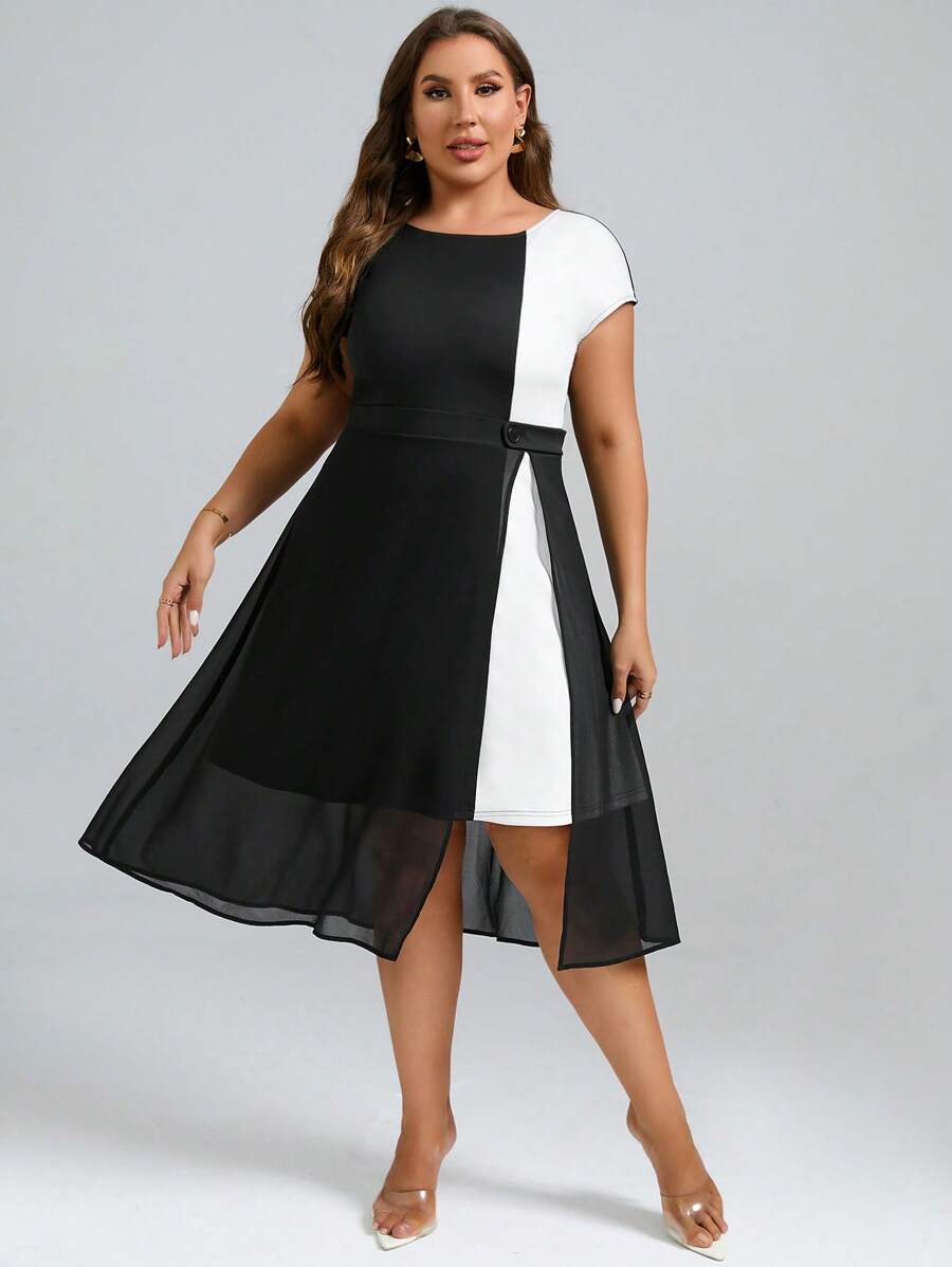 SHEIN Clasi Đầm Plus Size Nút Tương phản Mesh Chia Khối Màu Giải trí - Đen và trắng - Xem 1