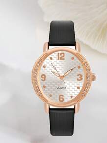 水鑽裝飾圓形指針石英手錶 - 黑色 - 查看 2