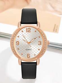 水鑽裝飾圓形指針石英手錶 - 黑色 - 查看 3