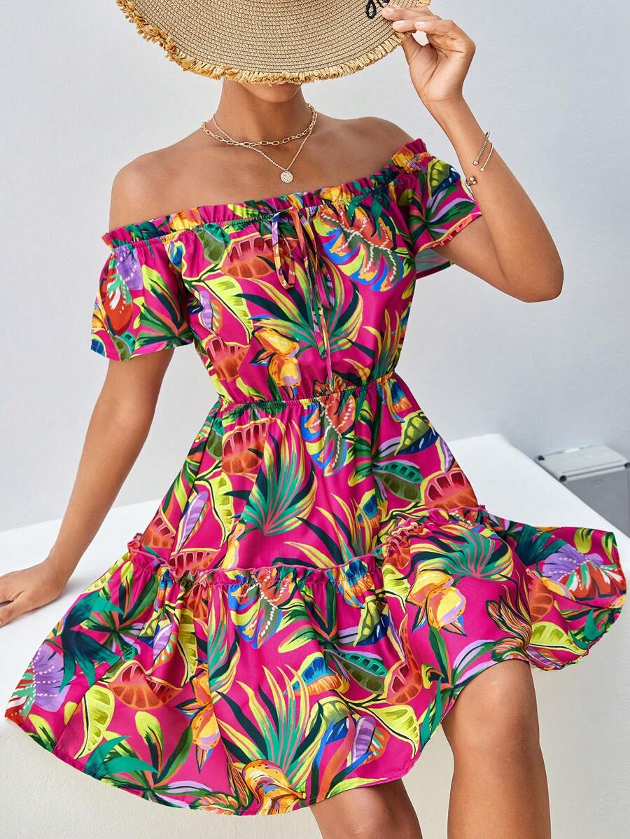 SHEIN VCAY Vestido con estampado tropical de hombros descubiertos con nudo delantero bajo con fruncido - Multicolor - Ver 1