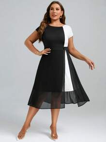 SHEIN Clasi Đầm Plus Size Nút Tương phản Mesh Chia Khối Màu Giải trí - Đen và trắng - Xem 4