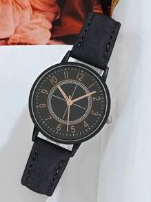 1入組極簡輕便女士PU皮革帶石英表帶塑膠殼套 - 黑色 - 查看 1