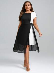 SHEIN Clasi Đầm Plus Size Nút Tương phản Mesh Chia Khối Màu Giải trí - Đen và trắng - Xem 5
