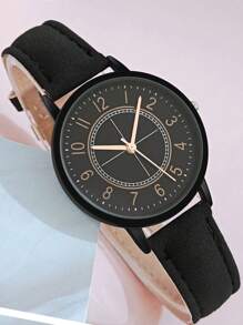1入組極簡輕便女士PU皮革帶石英表帶塑膠殼套 - 黑色 - 查看 2