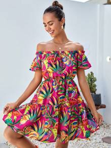 SHEIN VCAY Vestido con estampado tropical de hombros descubiertos con nudo delantero bajo con fruncido - Multicolor - Ver 5