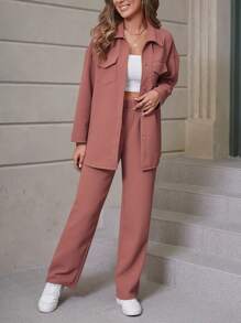 Chiquease Flap Pocket Drop Shoulder Shirt & Pants Fall Cloth For Women - Redwood - View 3