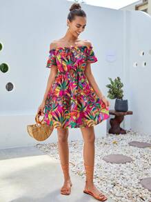 SHEIN VCAY Vestido con estampado tropical de hombros descubiertos con nudo delantero bajo con fruncido - Multicolor - Ver 6