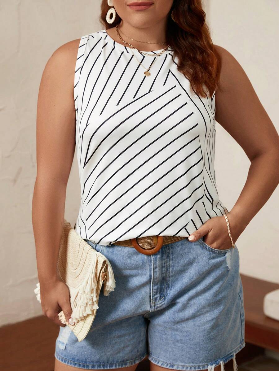 SHEIN LUNE 大碼條紋印花背心上衣 - 白色 - 查看 1