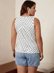 SHEIN LUNE 大碼條紋印花背心上衣 - 白色 - 查看 2