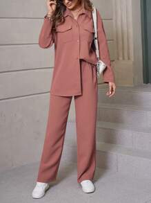 Chiquease Flap Pocket Drop Shoulder Shirt & Pants Fall Cloth For Women - Redwood - View 5