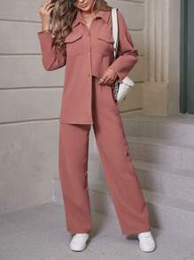 Chiquease Flap Pocket Drop Shoulder Shirt & Pants Fall Cloth For Women - Redwood - View 6