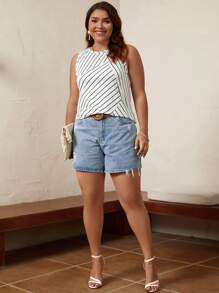 SHEIN LUNE 大碼條紋印花背心上衣 - 白色 - 查看 3