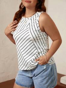 SHEIN LUNE 大碼條紋印花背心上衣 - 白色 - 查看 4