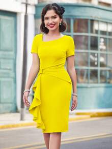 MUXXN Vestido de cuello asimétrico ribete con fruncido - Amarillo - Ver 4