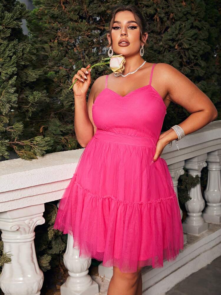 Glamaker Robe à fines brides à volants en tulle - Rose bonbon - Voir 1