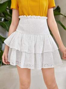 SHEIN Chicas adolescentes Falda con bordado con ojal bajo con fruncido - Blanco - Ver 1