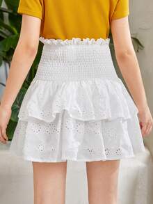 SHEIN Chicas adolescentes Falda con bordado con ojal bajo con fruncido - Blanco - Ver 2