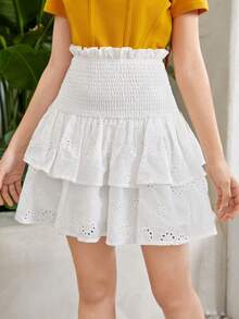 SHEIN Chicas adolescentes Falda con bordado con ojal bajo con fruncido - Blanco - Ver 3