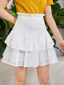 SHEIN Chicas adolescentes Falda con bordado con ojal bajo con fruncido - Blanco - Ver 4