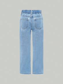 SHEIN Tween Girl Basic Daily Cool Ripped Loose Straight Leg Jeans, School, Campus, College Summer Holiday - Light Wash - View 2