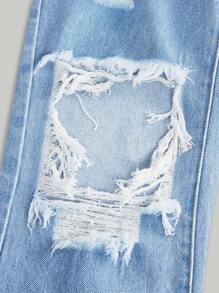 SHEIN Tween Girl Basic Daily Cool Ripped Loose Straight Leg Jeans, School, Campus, College Summer Holiday - Light Wash - View 5