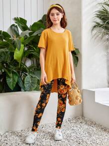 SHEIN Bộ hai mảnh Gái Gân đan Cao thấp Hoa Boho - Màu Mù tạt vàng - Xem 2