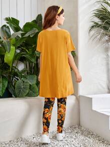 SHEIN Bộ hai mảnh Gái Gân đan Cao thấp Hoa Boho - Màu Mù tạt vàng - Xem 3