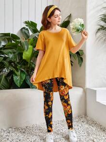 SHEIN Bộ hai mảnh Gái Gân đan Cao thấp Hoa Boho - Màu Mù tạt vàng - Xem 4